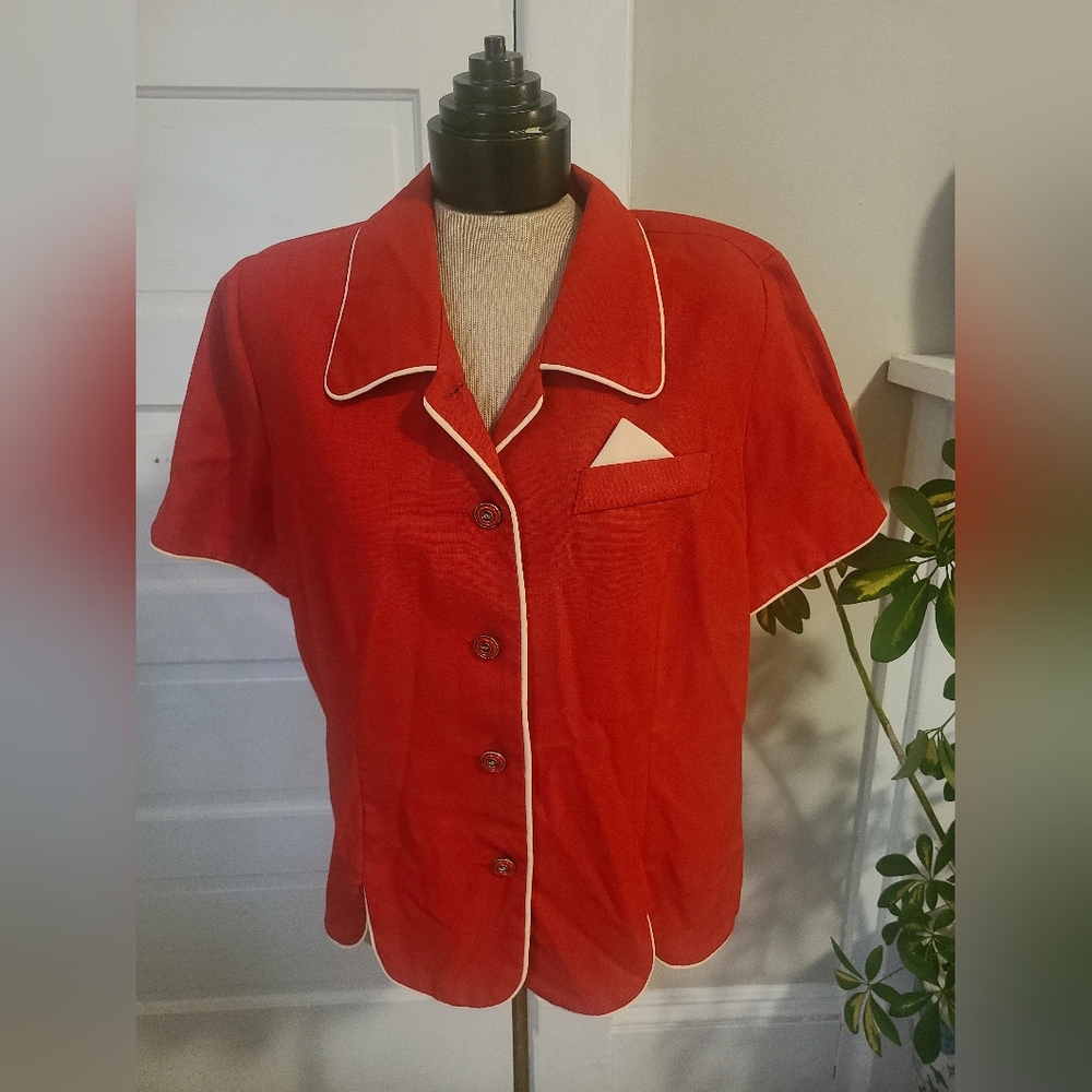 Vintage Red Button-Up Blouse with White Trim Breli Originals